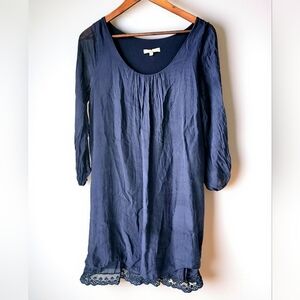Pronto Moda Giusy Silk Navy Shift Dress Womens M Lace Trim Long Sleeve Lined